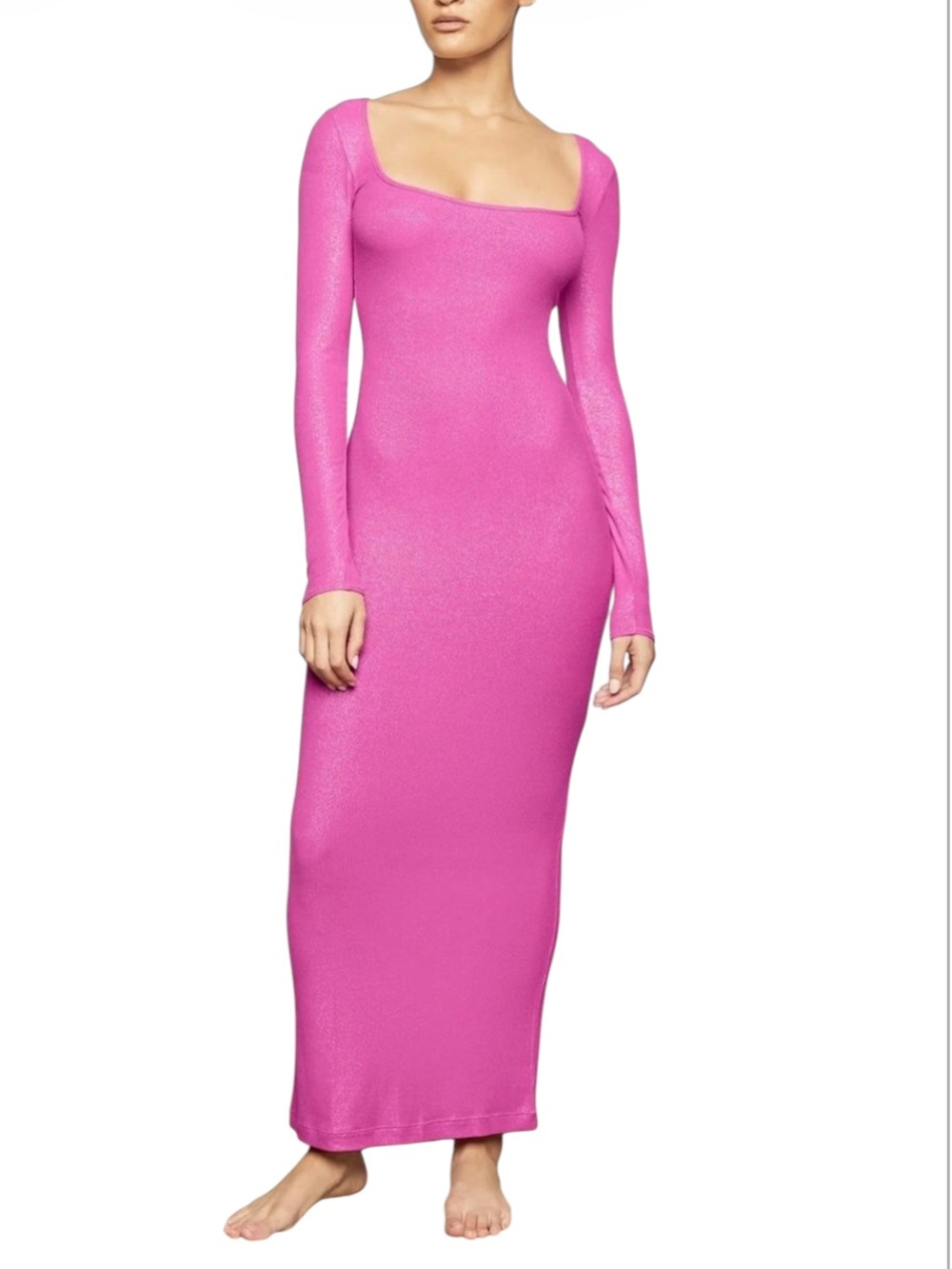 NWT SKIMS Soft Lounge Shimmer Long Sleeve Maxi Dress Fuchsia Foil Pink 2X RARE